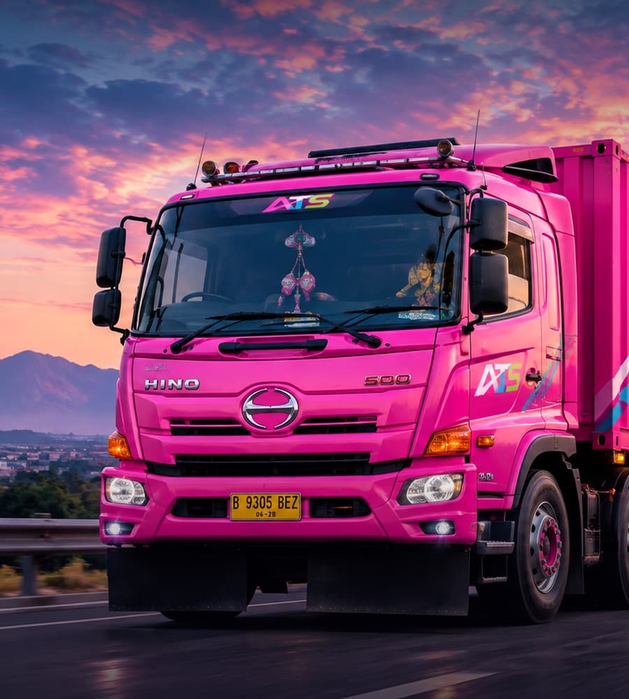 Truk container ATS melintas di jalan raya saat senja
