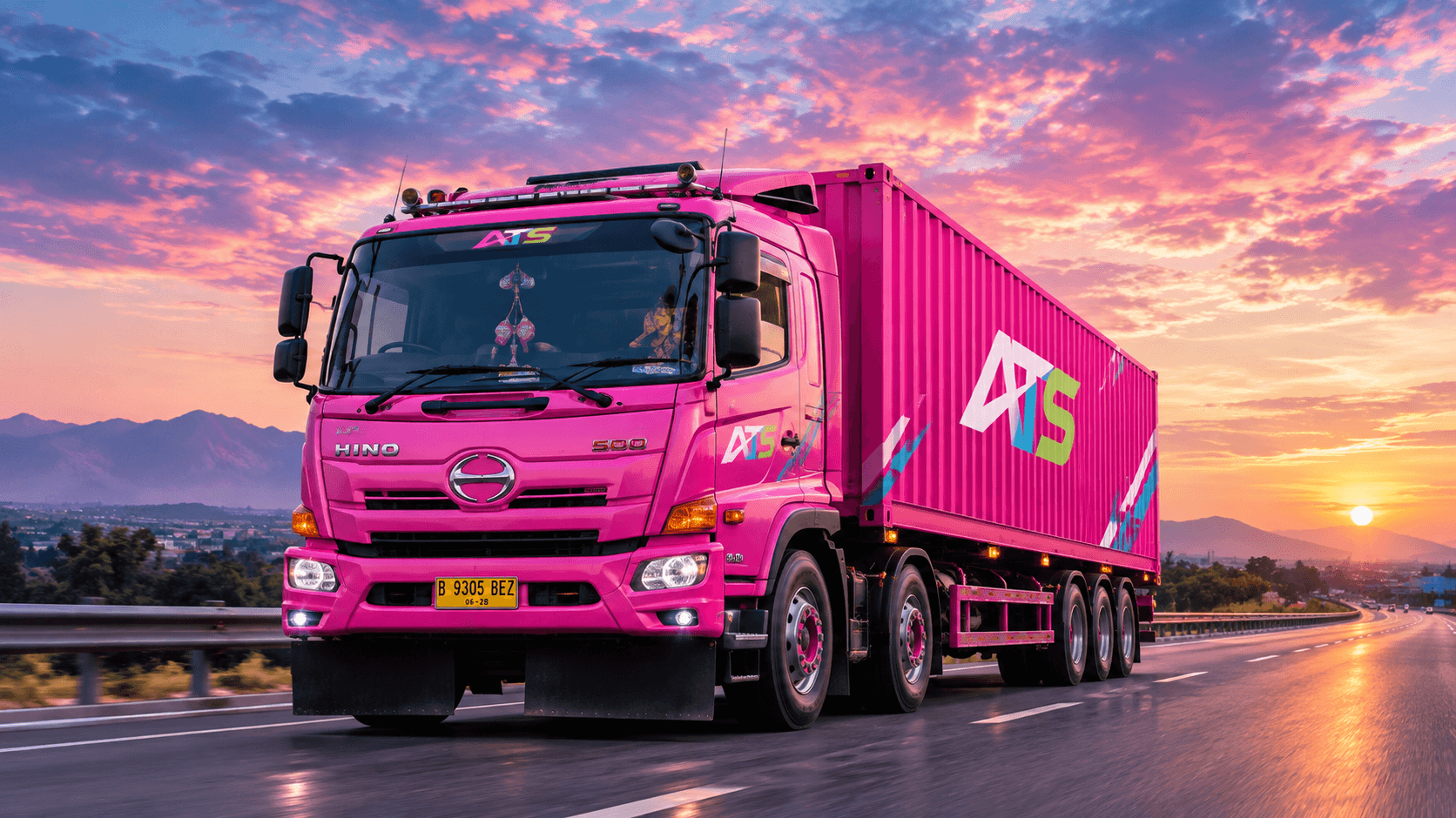 Truk container ATS melintas di jalan raya saat senja